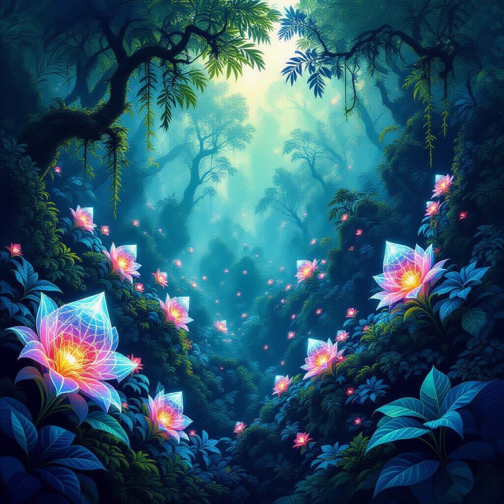 Bioluminescent Fractal Jungle with Crystalline Creatures