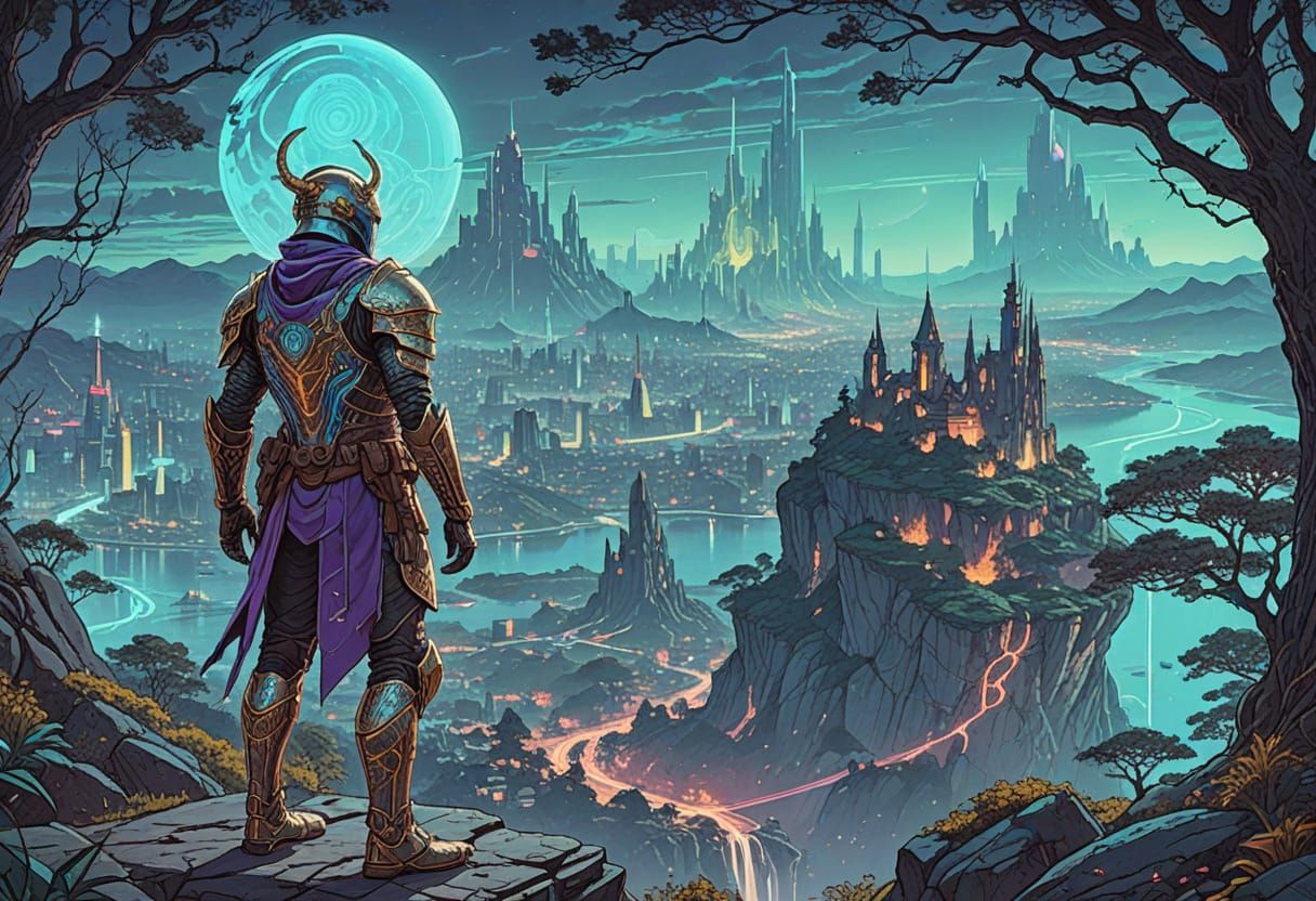 Mystical Warrior on Cliff Overlooking Magical City