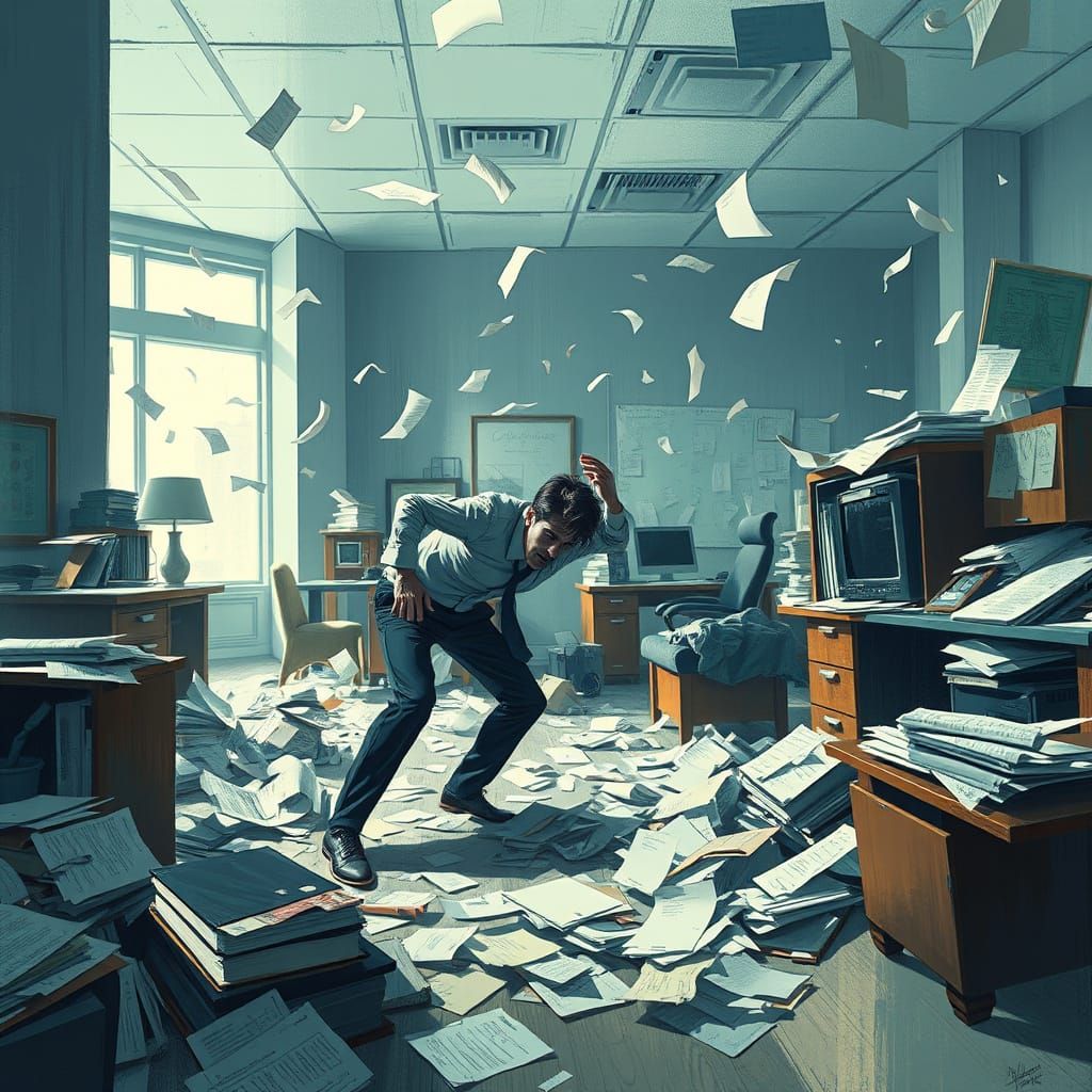 Dystopian Office Chaos with Frazzled Employee