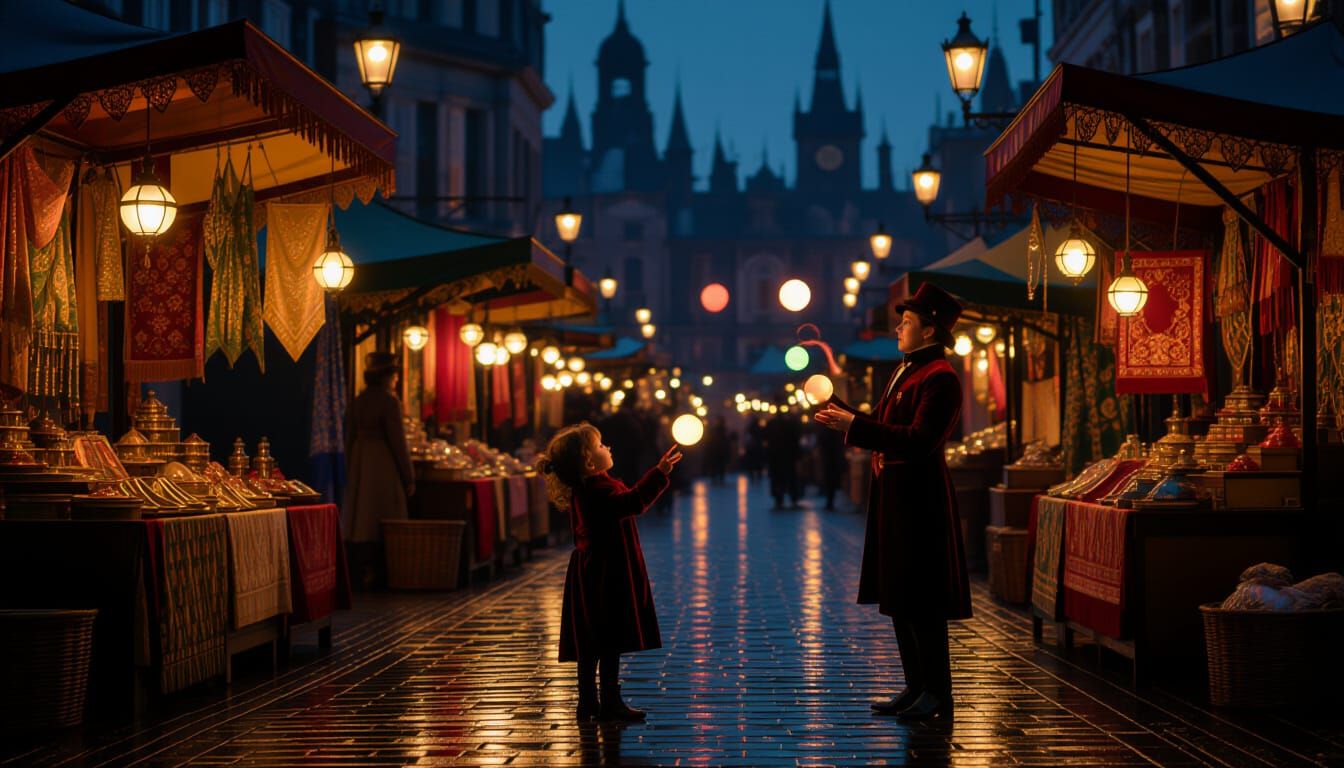 Victorian Twilight Market Scene With Child