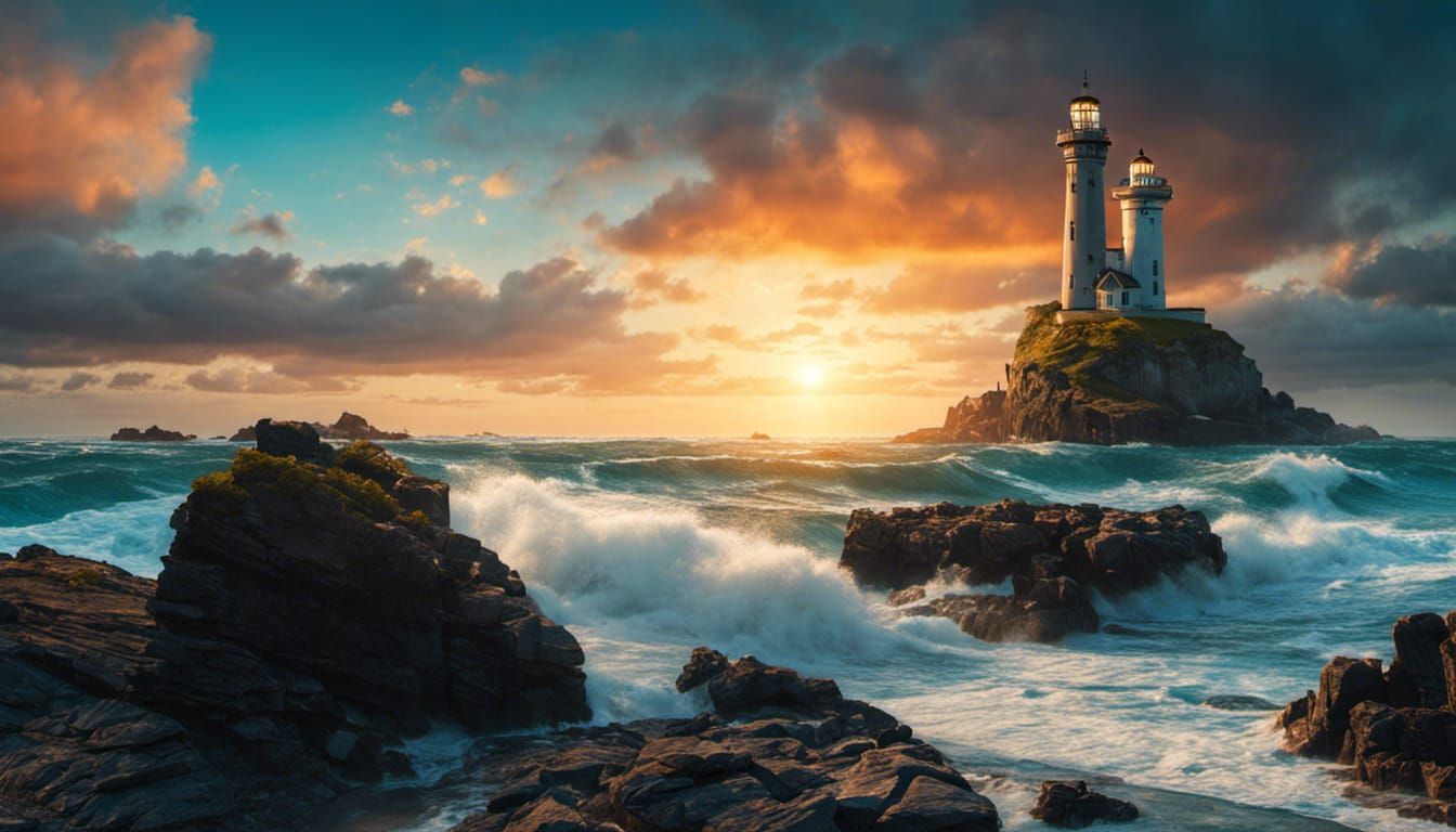 Futuristic Seascape with Lighthouse at Sunset