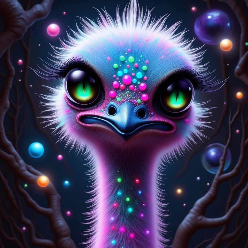 Cyberpunk Ostrich in Neon Fantasy Landscape