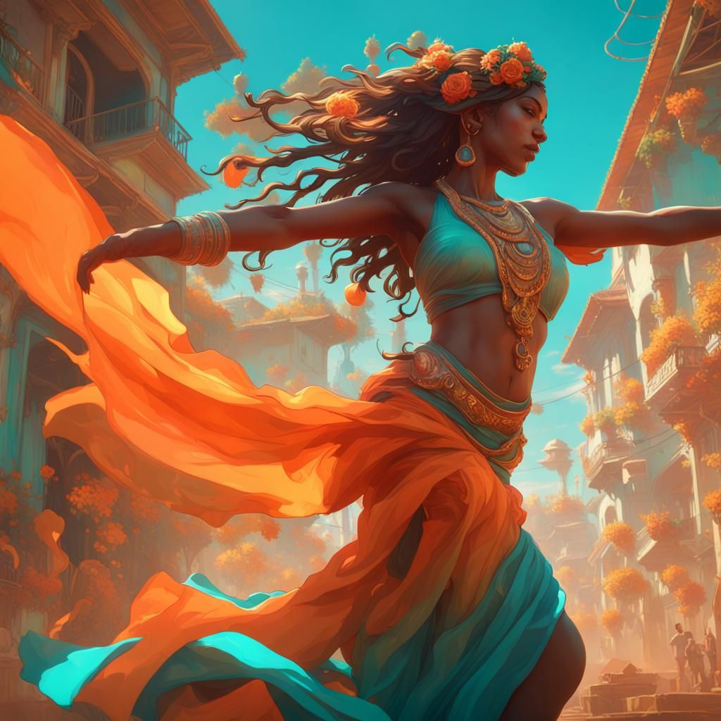 Dynamic Calipso Dance in Hyperdetailed Concept Art