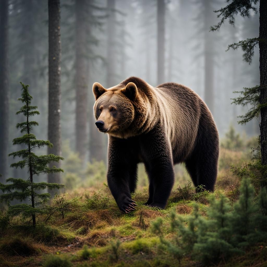 Bear in Foggy Forest Scene