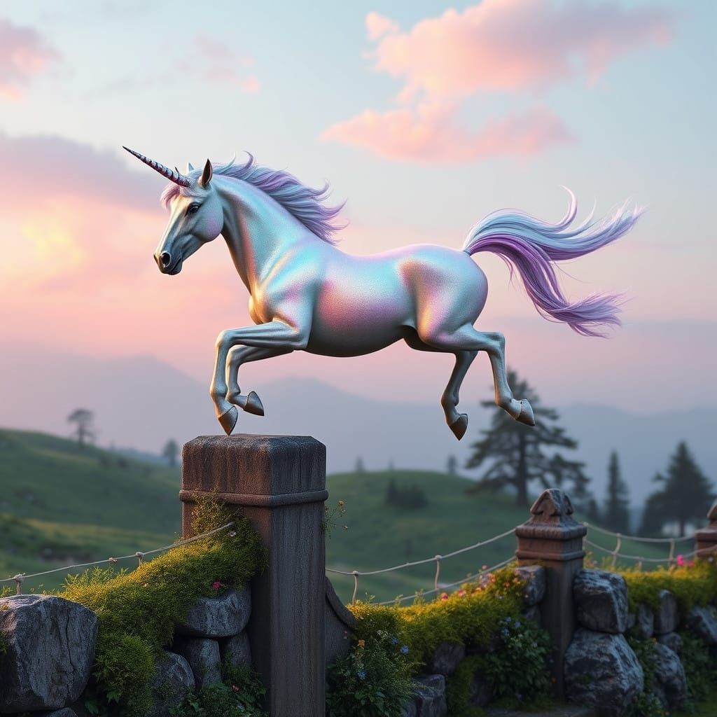 Iridescent Rainbow Unicorn Jumps Majestic Fence in Whimsical...