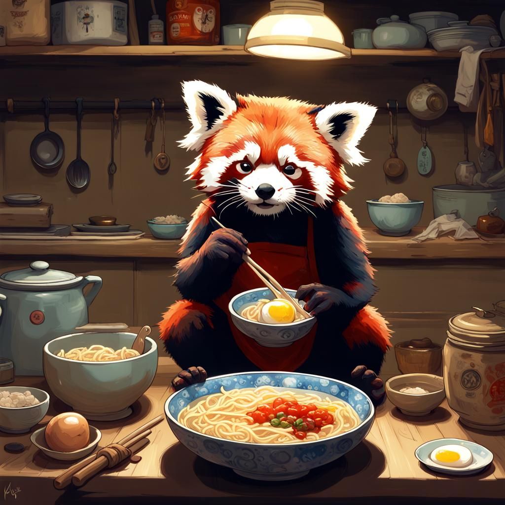 Red Panda Enjoying Ramen: Ghibli-Inspired Fantasy Art