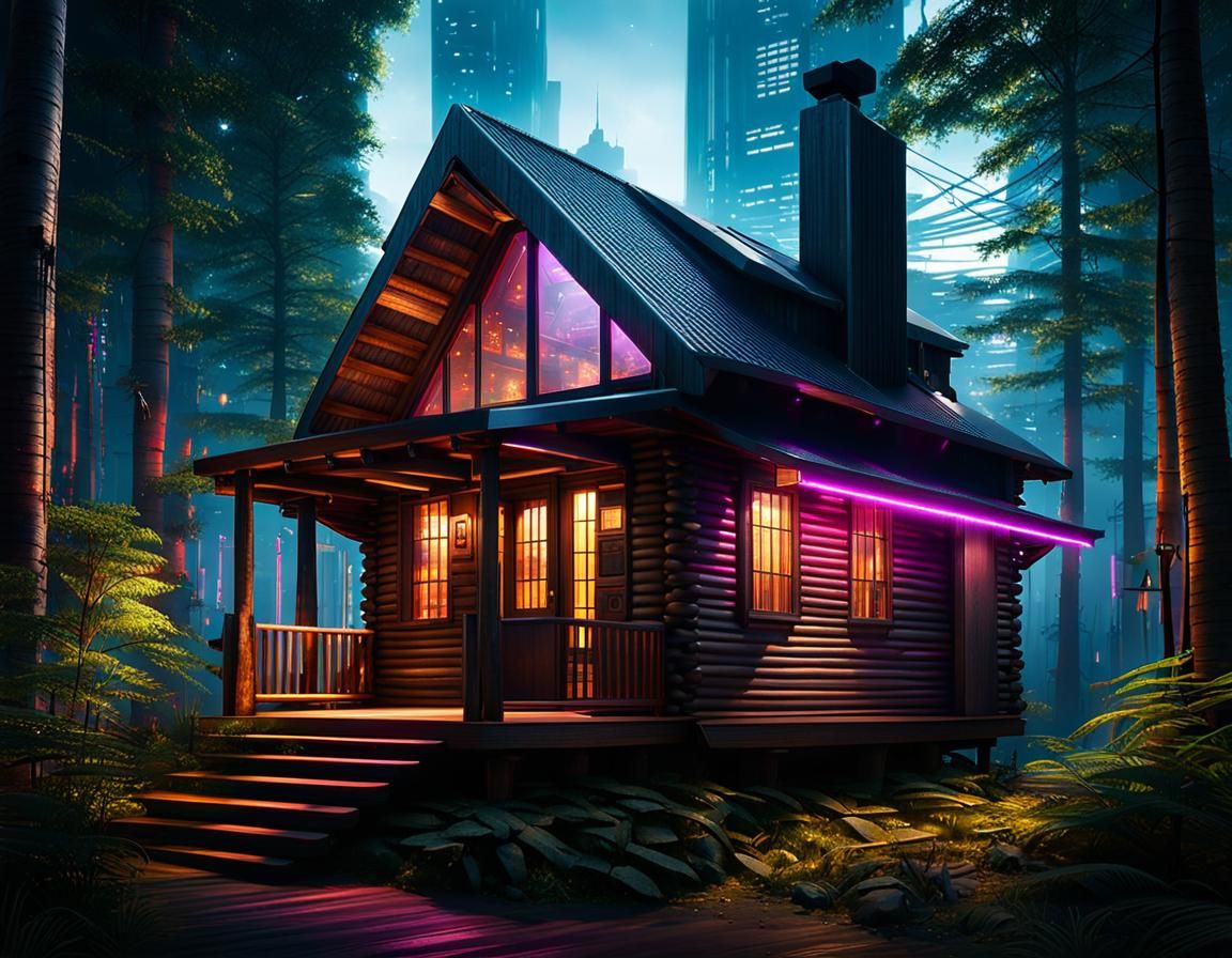 Cyberpunk Cabin: Rustic Retreat in Neon Cityscape