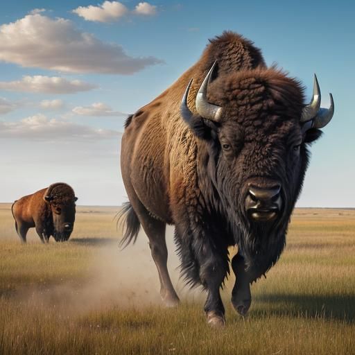 American Bison Roams Open Plain in Hyperrealism