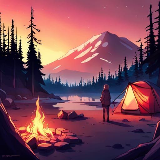 Aurora Campfire in Anime Style Under Northern Lights