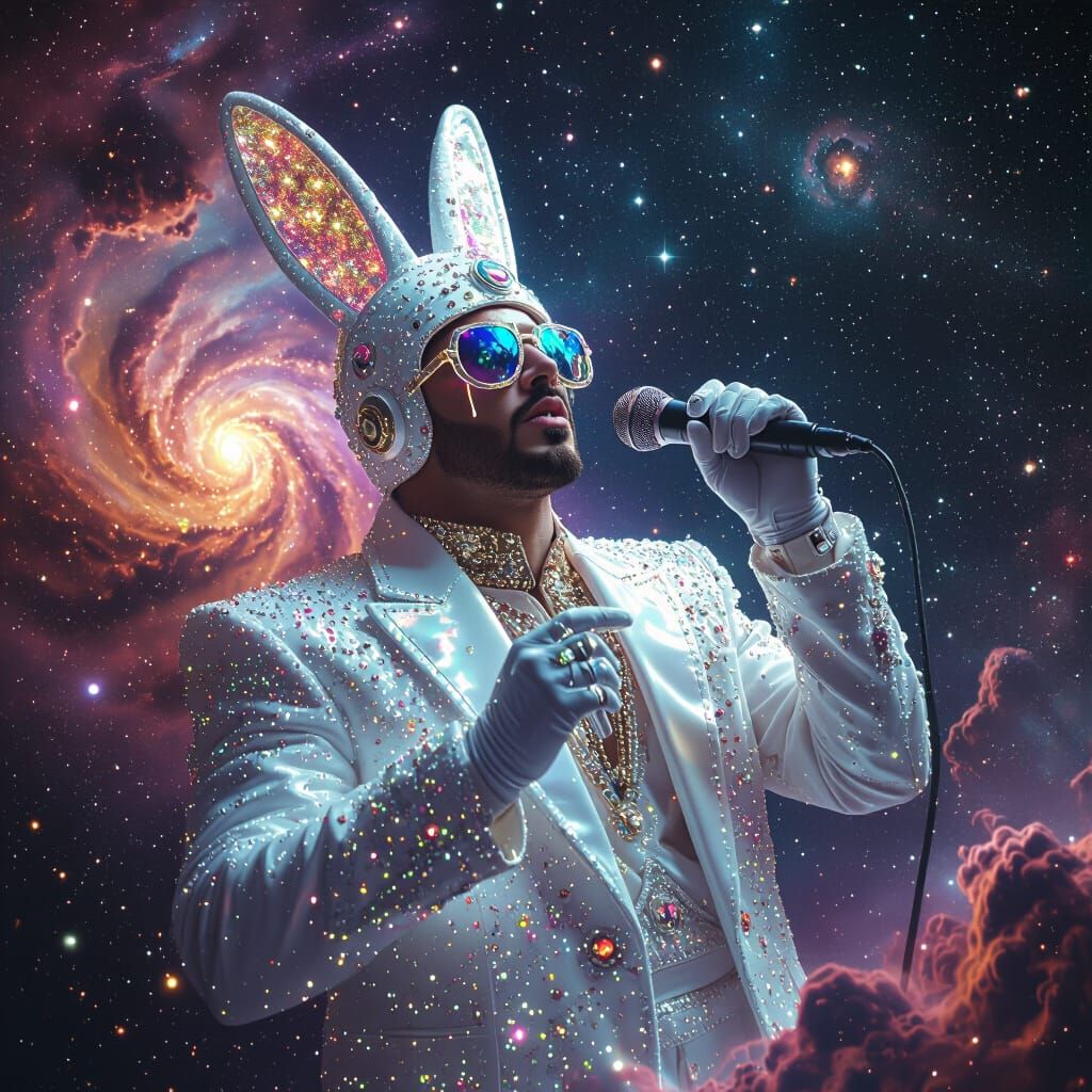 Bad Bunny Floats Through Nebula in Jeweled Costume