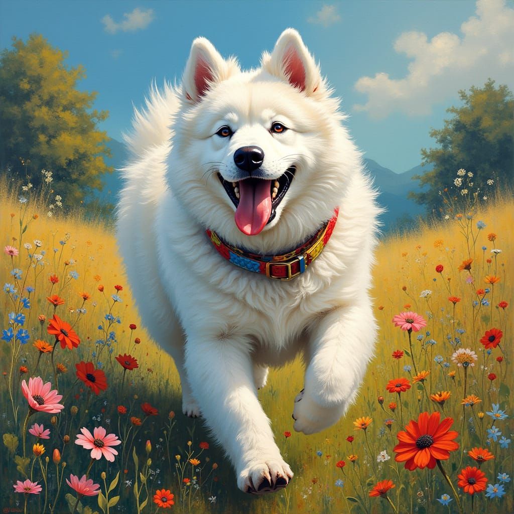 Samoyed Dog Leaping Through Wildflower Meadow as Impressioni...