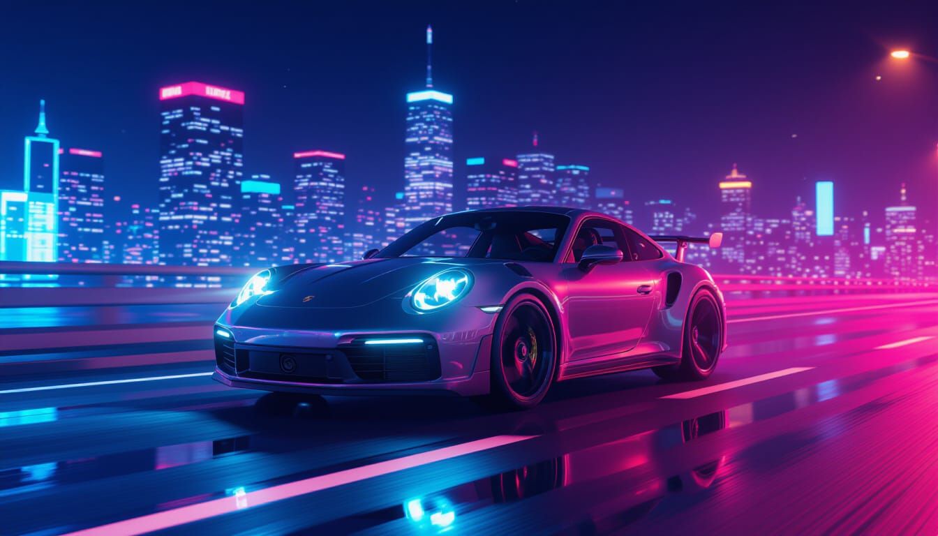 Sleek Porsche GTS Speeds Down Neon Highway at Night