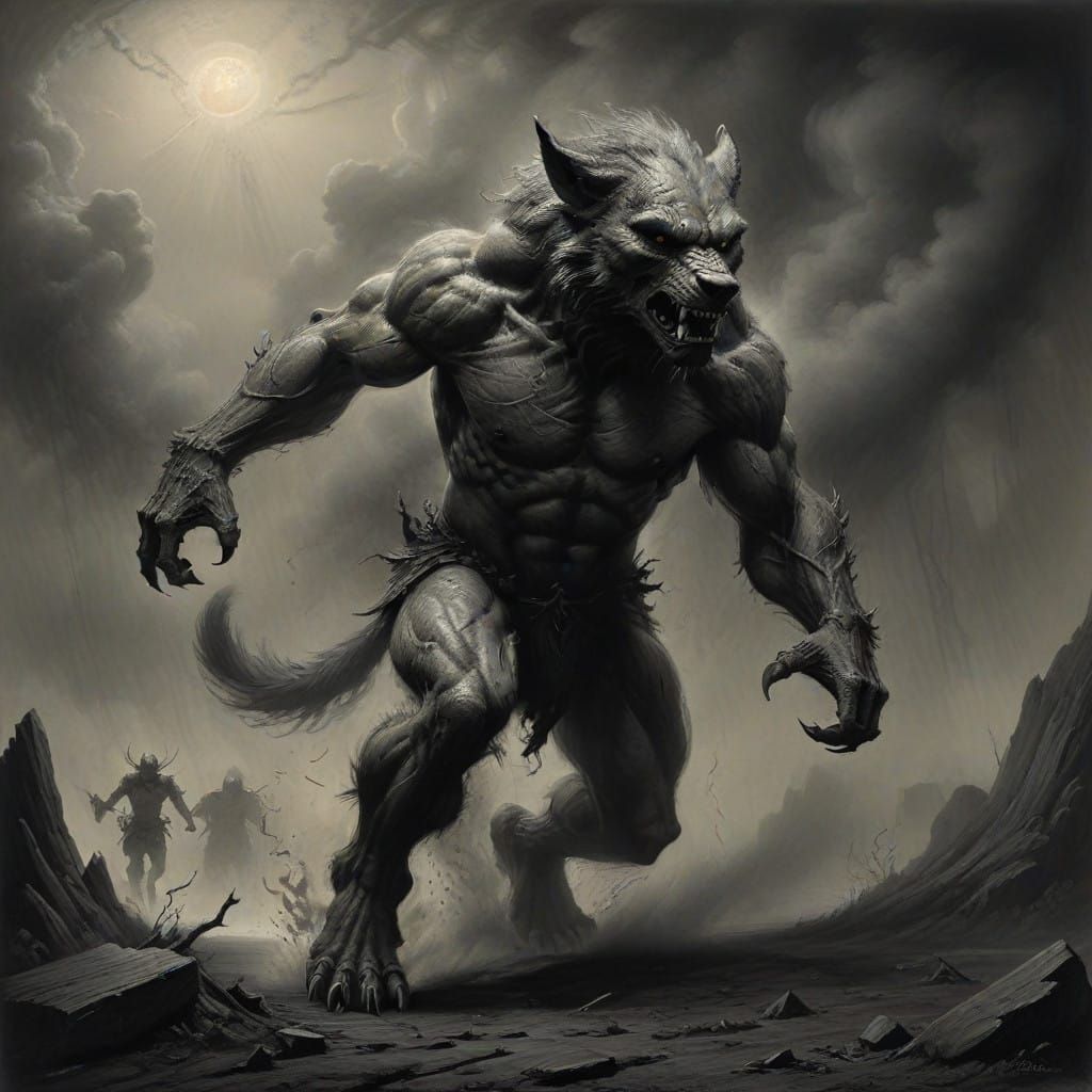 Mid-Transformation Wolf Warrior Confronts Menacing Orc in Da...