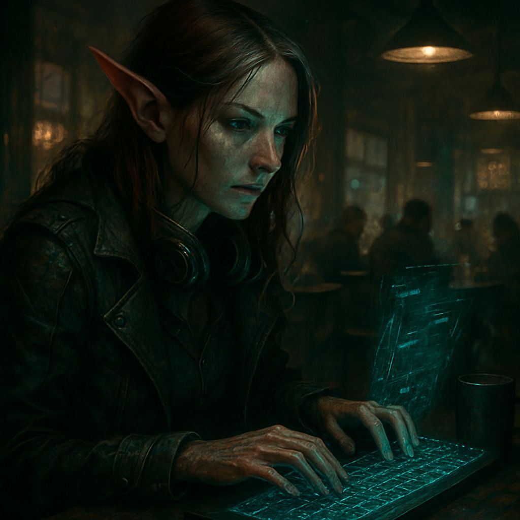 Elf Technomancer in Cyberpunk Cafe