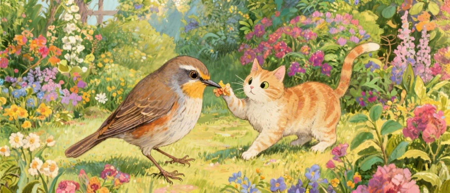 Curious Bird and Cat in Whimsical Garden