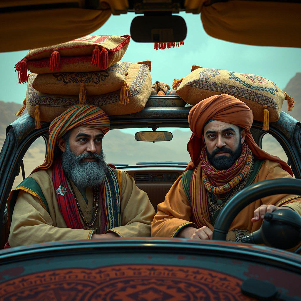 Middle Eastern Men in Car with Goods, Concept Art
