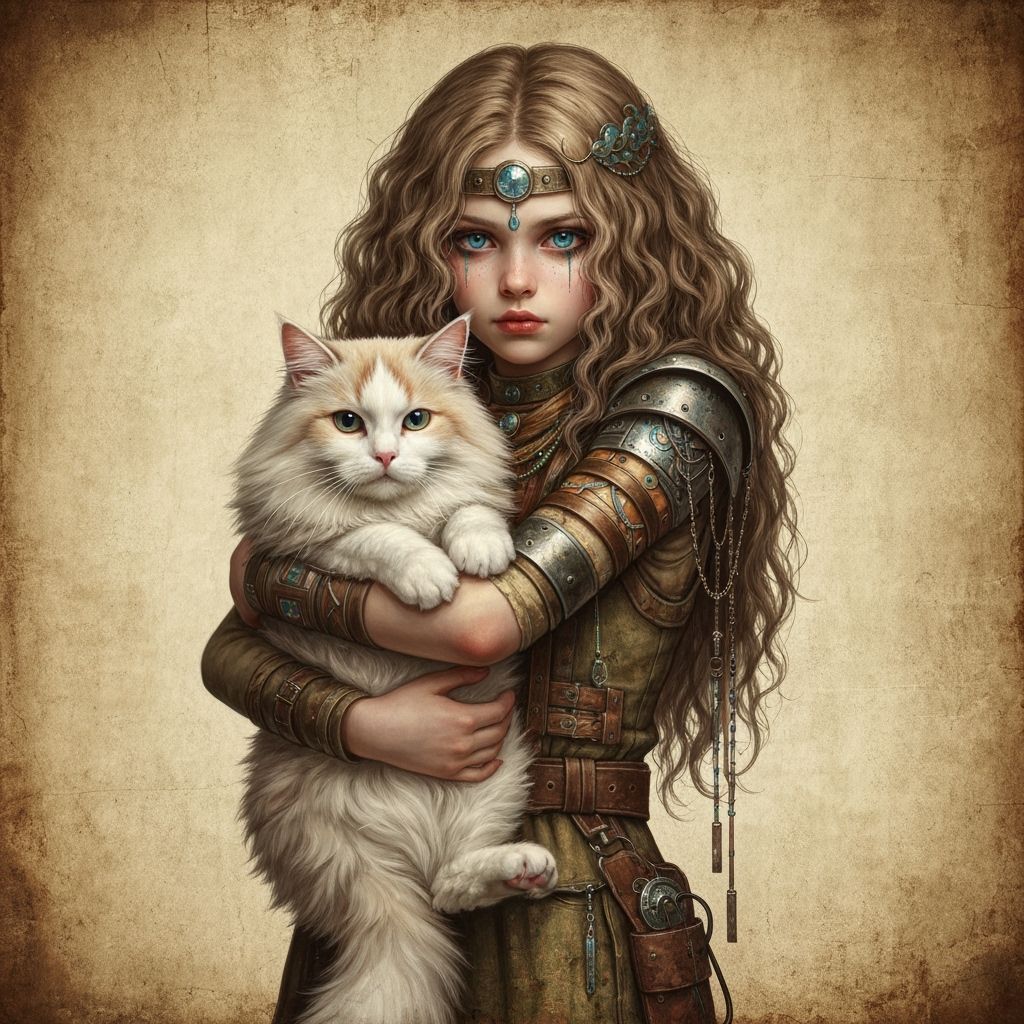 Girl and Angora Cat in Victorian Painting Style