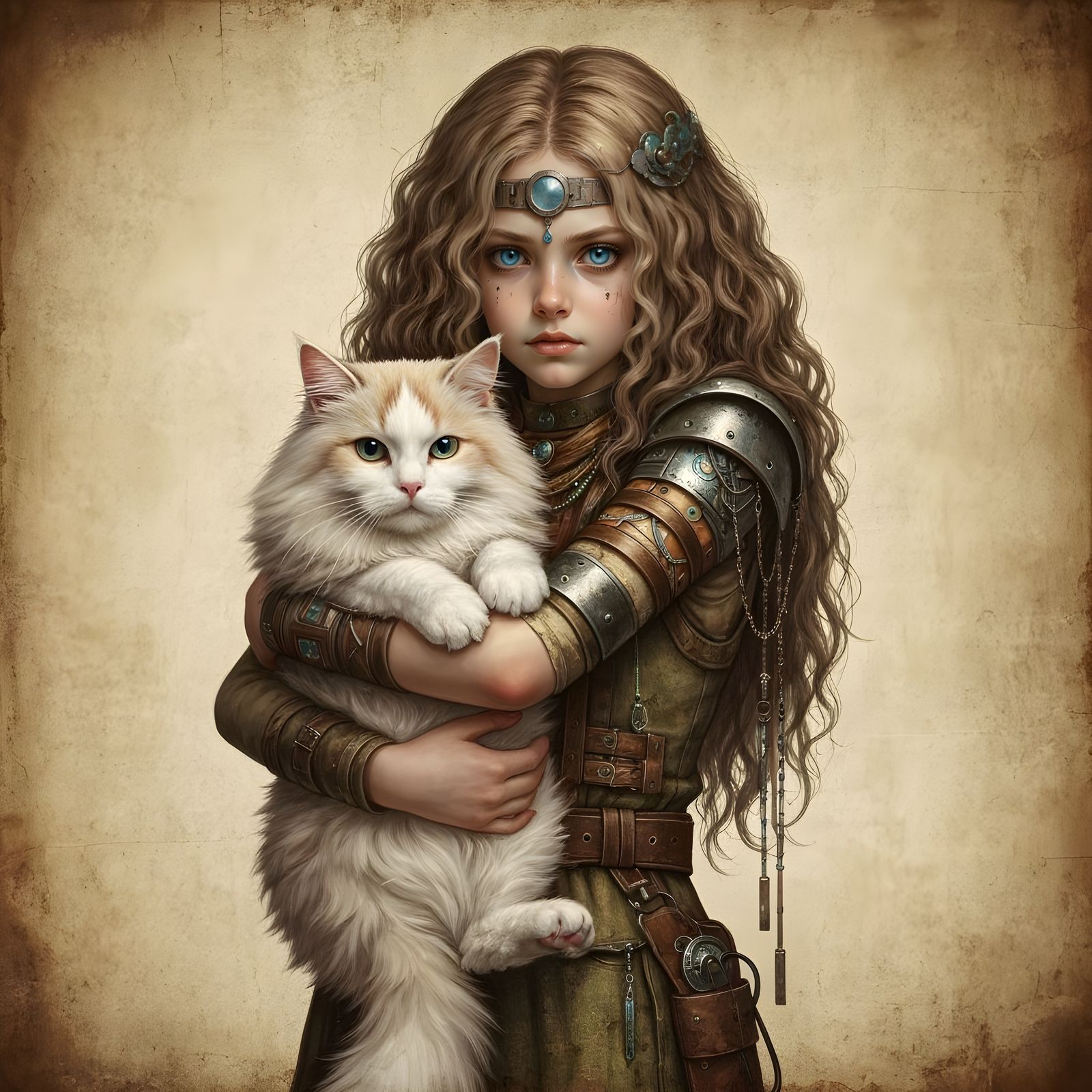 Girl and Angora Cat in Victorian Painting Style
