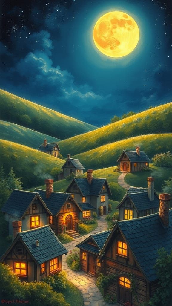 Magical Village Under a Glowing Moon
