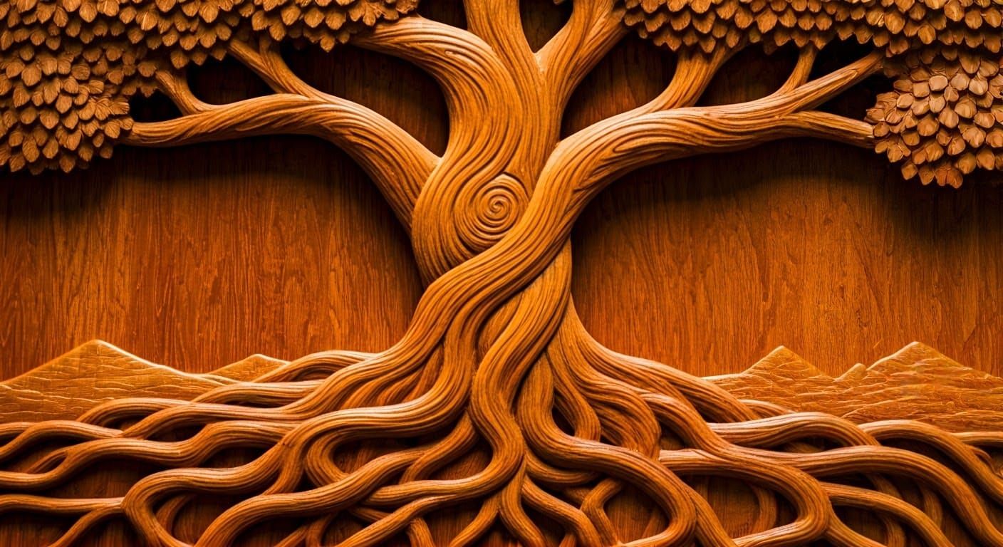 Intricately Carved Wooden Tree Sculpture