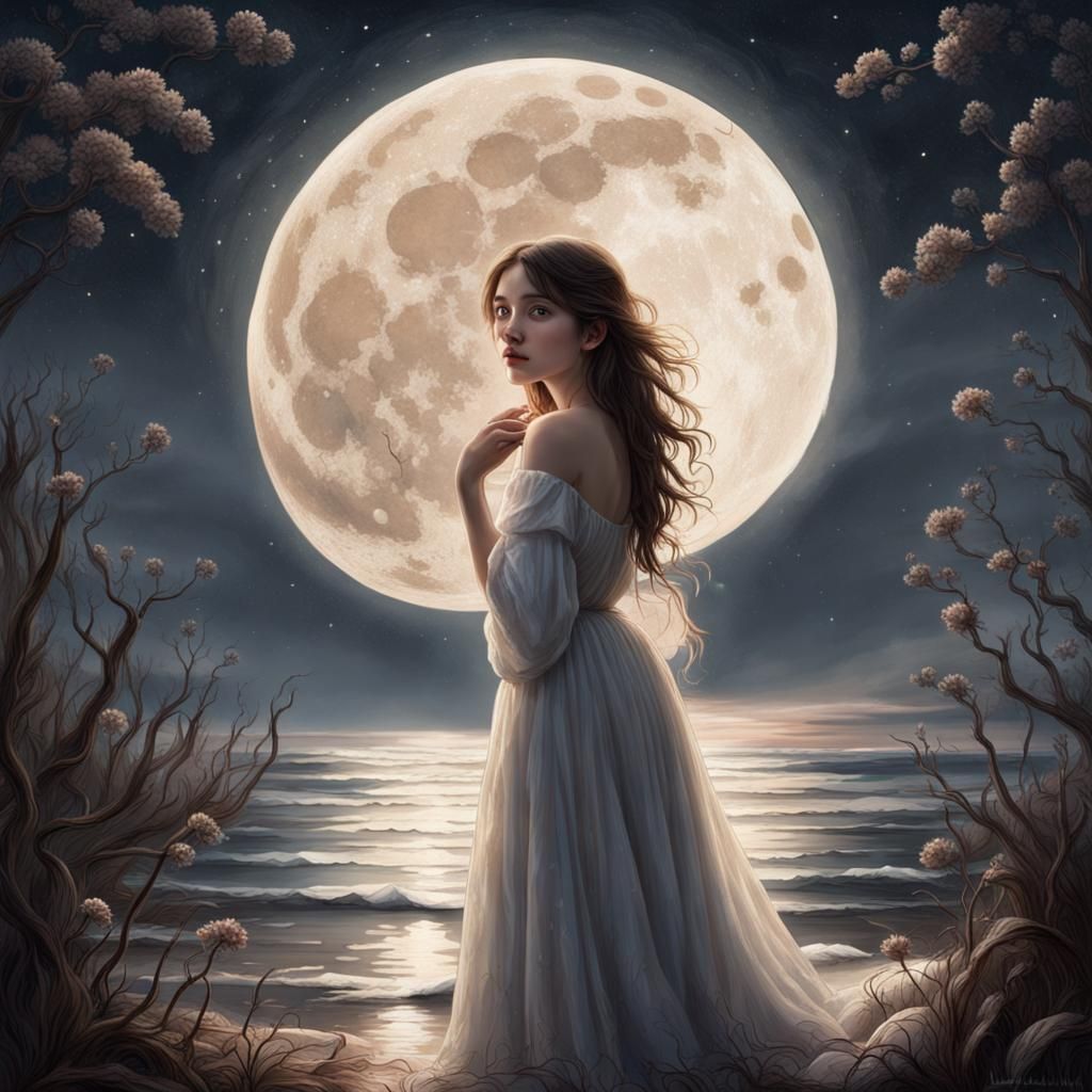Mystical Moonlight Portrait of a Beautiful Young Woman