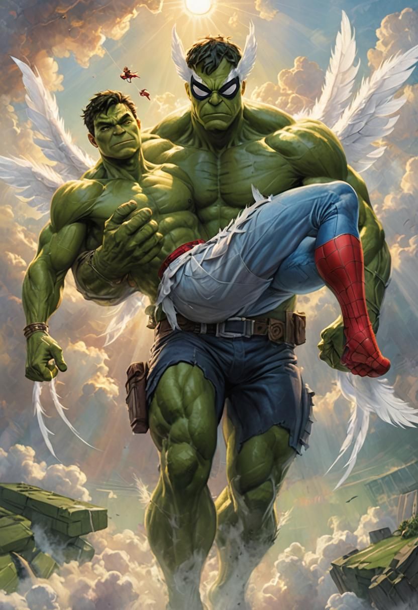 Spiderman and Hulk in Clouds: Angelic Oil Painting
