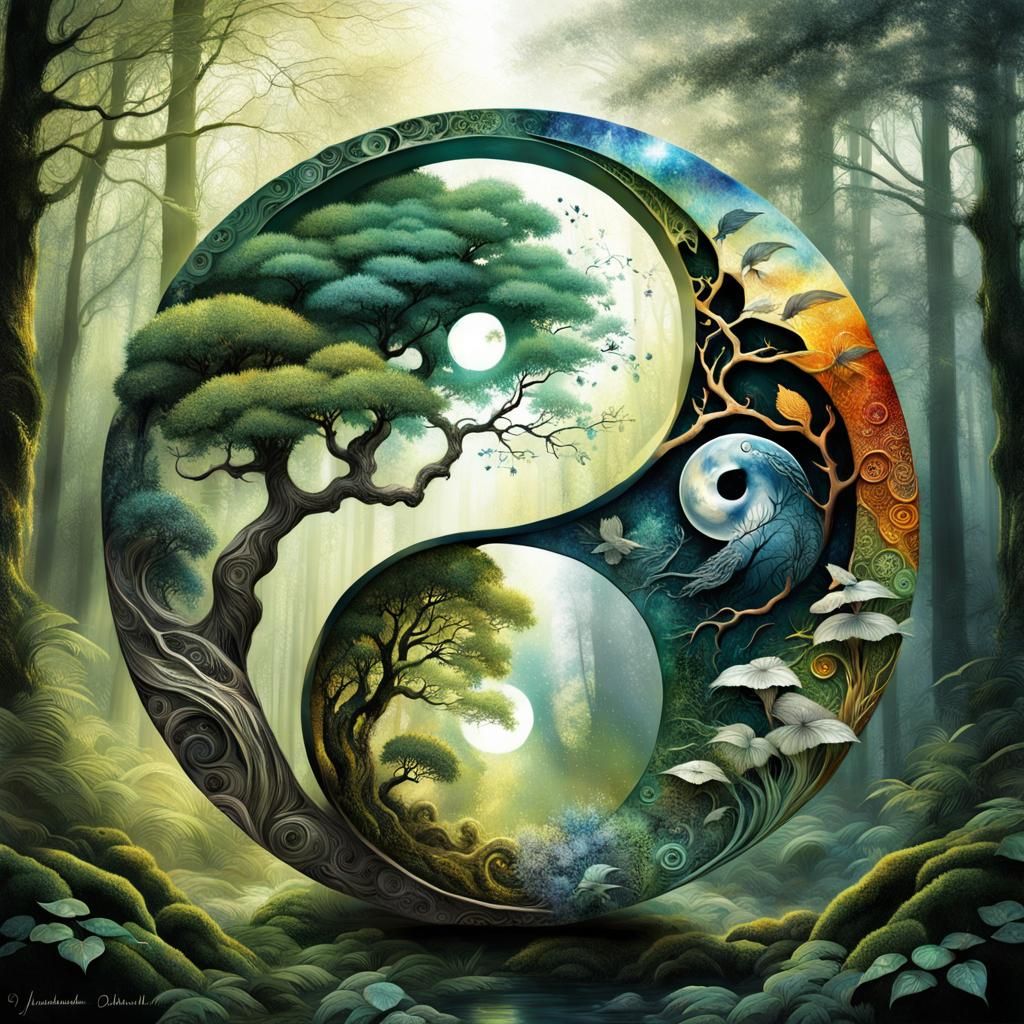 Nature Yin Yang in Magical Forest Watercolor