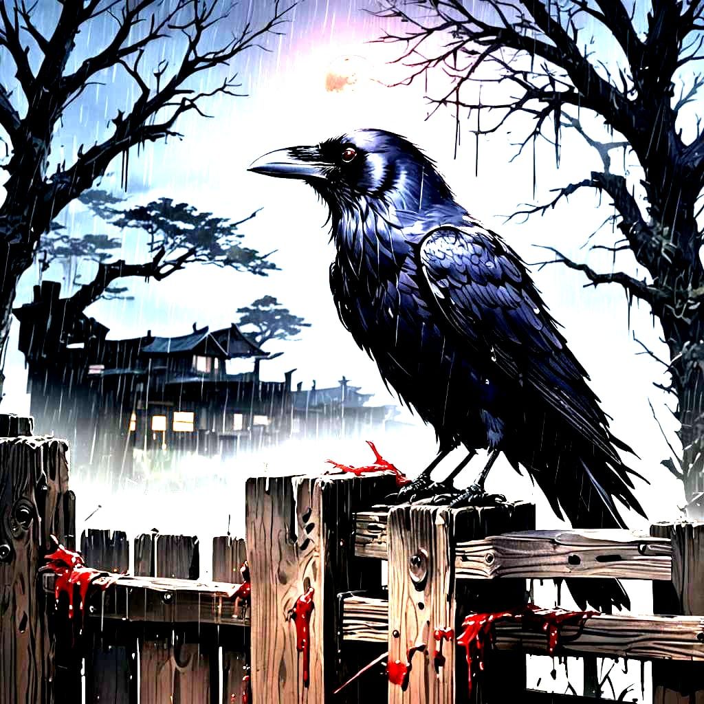 Mysterious Nighttime Scene with a Corbeau and a Bloody Eye