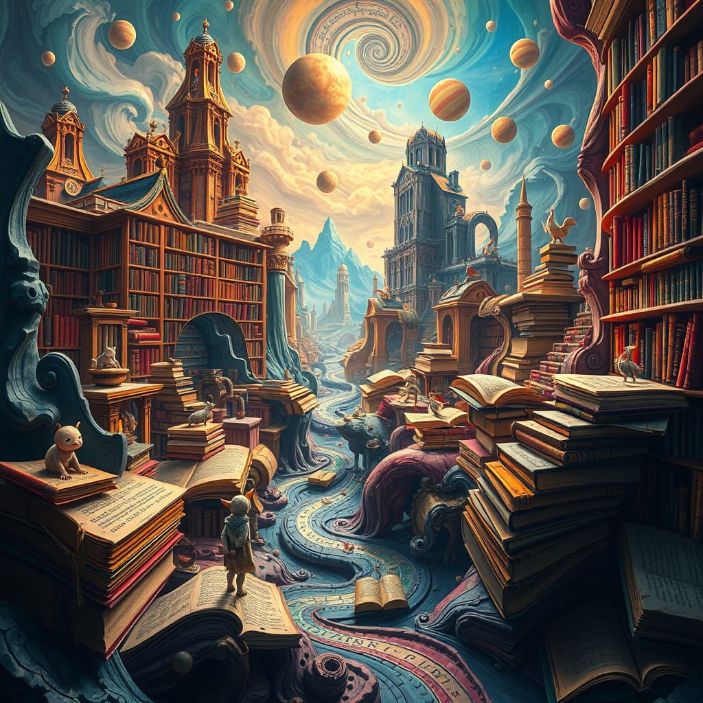A surreal library where books transform into vibrant, otherworldly landscapes, with mountains of paper and rivers of ink...