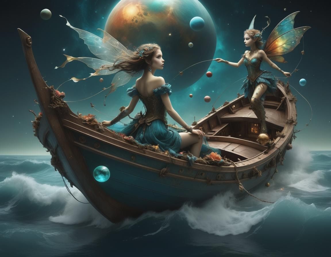 Fairy Nymphs' Enchanted Boat Races Through Starry Sea