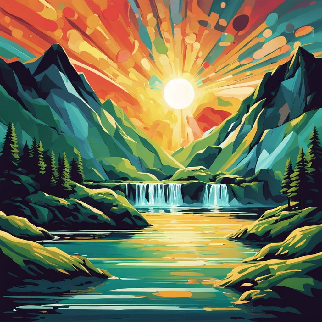 Floating Island Waterfall in Vibrant Oil Painting Style