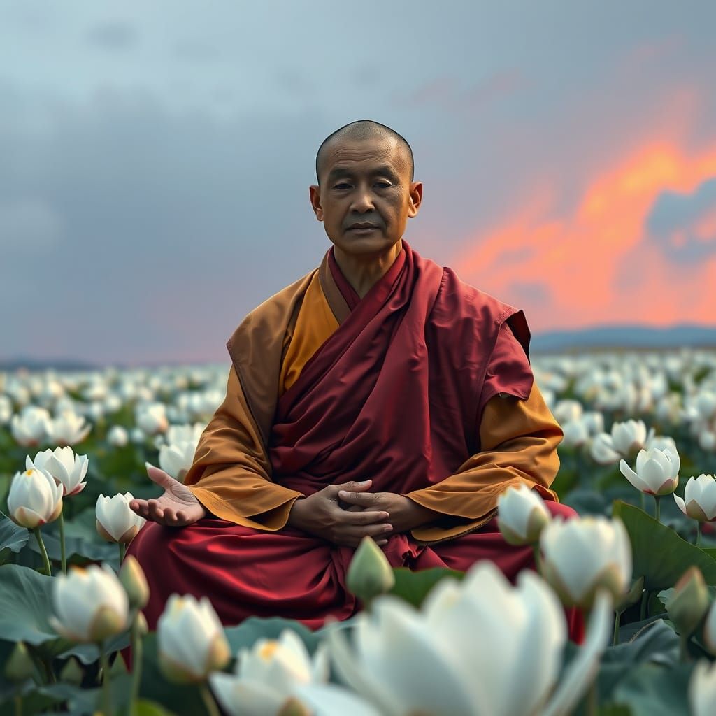 Tibetan Monk in Hyperrealistic Meditative Scene