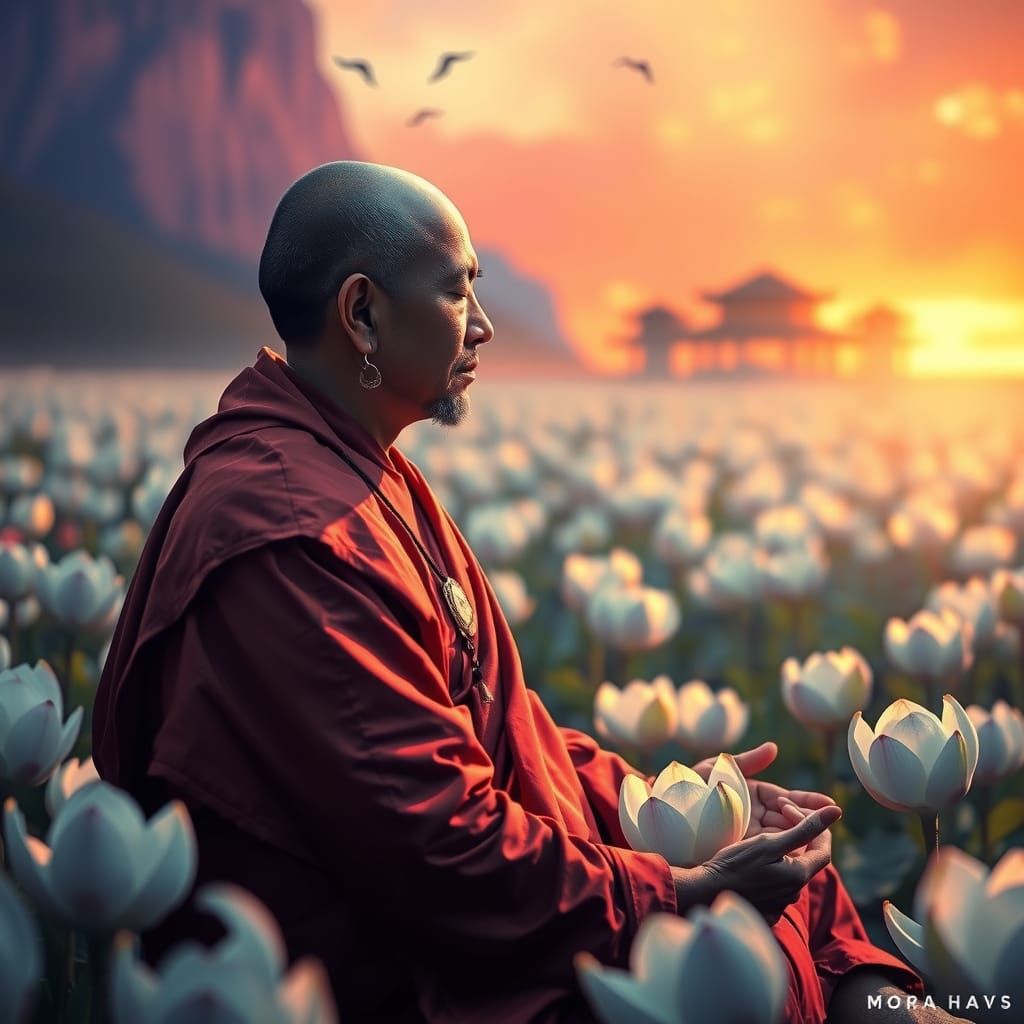 Tibetan Monk in Hyperrealistic Landscape with White Lotuses