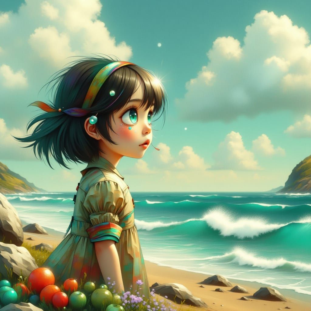 Girl on Windswept Shoreline, Dreamy and Ethereal