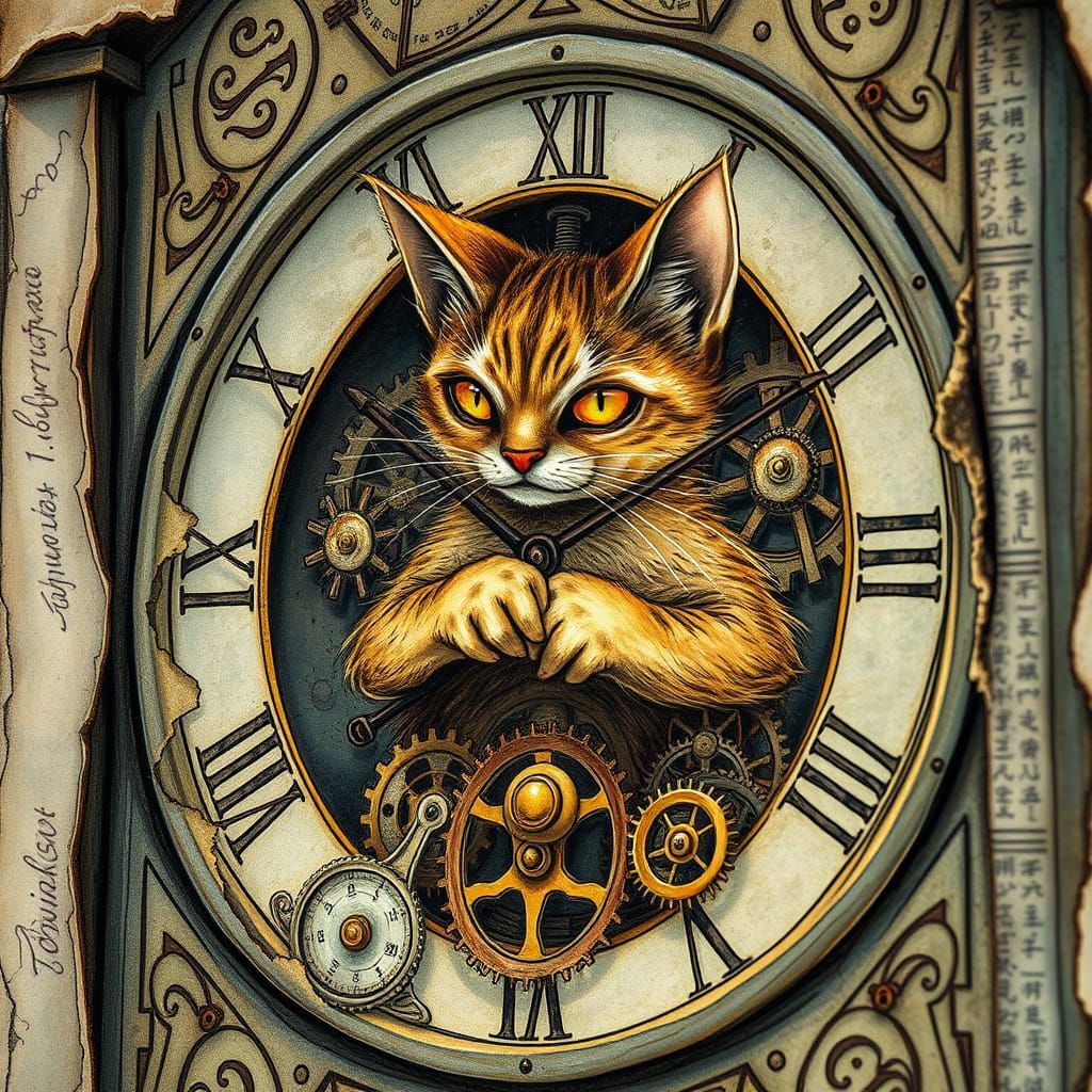 Mischievous Cat Clockmaker in Whimsical Golden Age Illustrat...