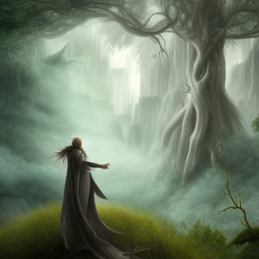 Wizard in Forest with Fairies: Pencil Sketch