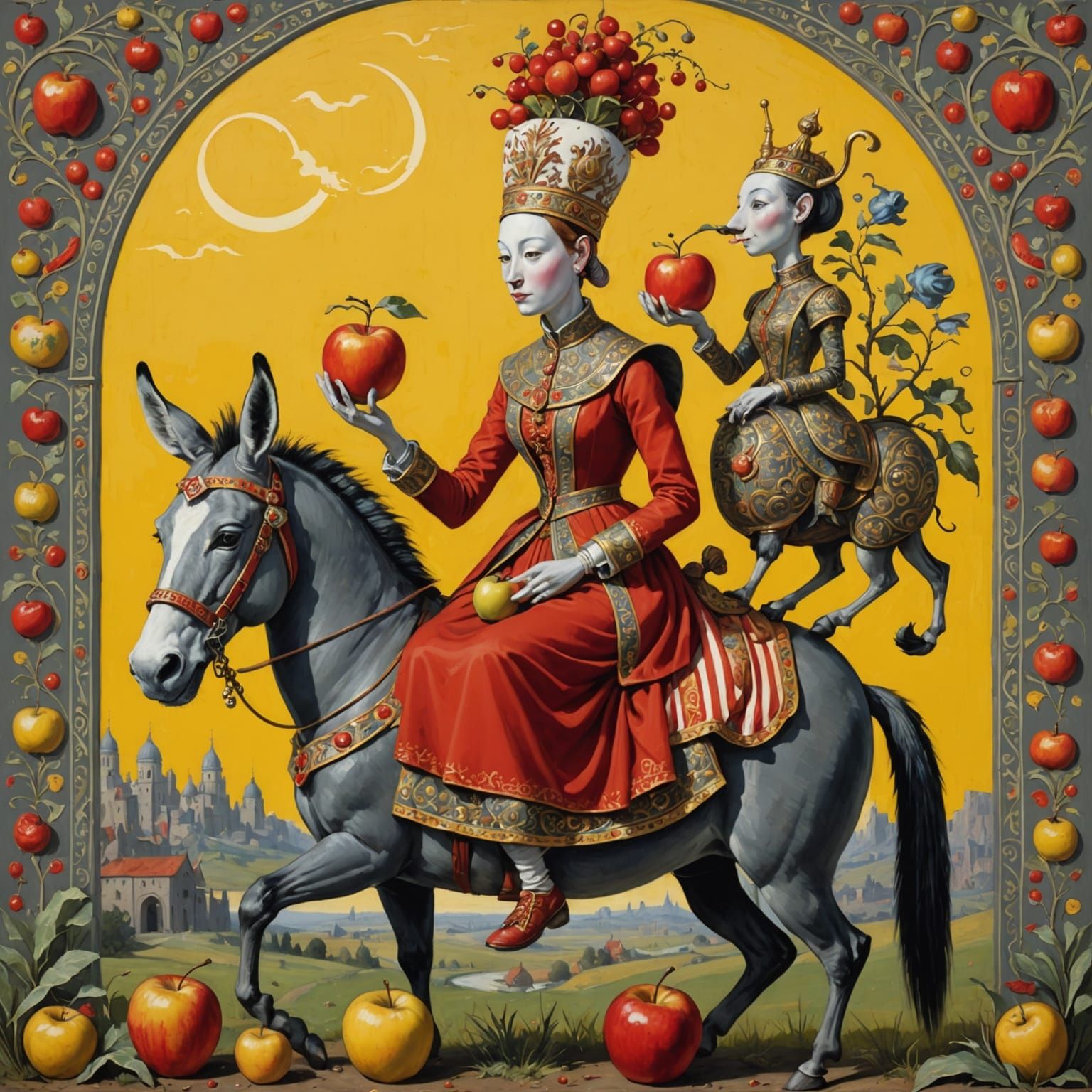 Fantastical Painting of Woman on Carved Donkey