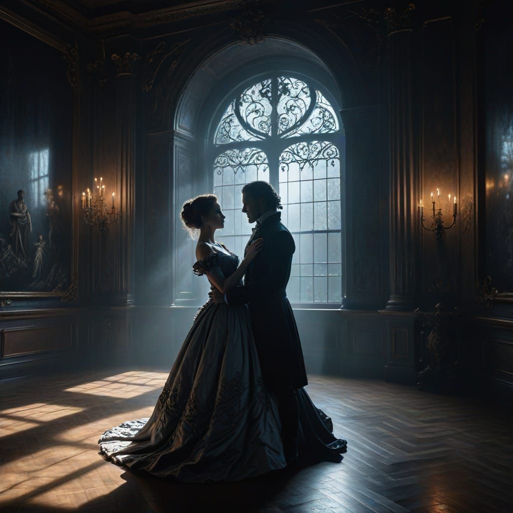 Baroque Couple Dancing in Shadowed Ballroom