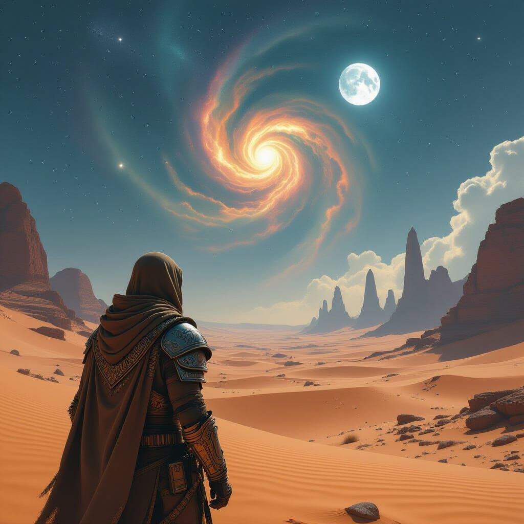 Nomad Warrior Gazing at Twin Moons on Alien Planet