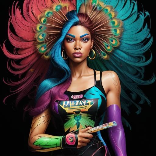 Vibrant Comic Book Portrait of Woman with Peacock Hair