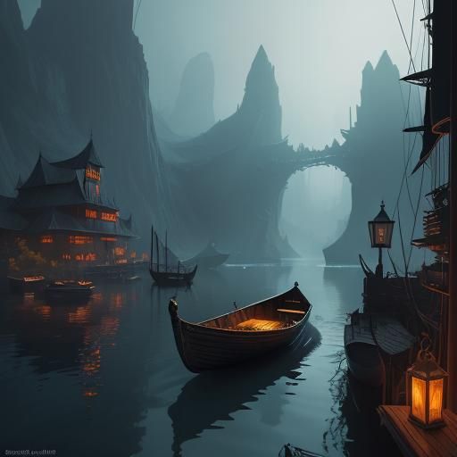 Mystical Boat Journey Through a Tarot Dreamscape