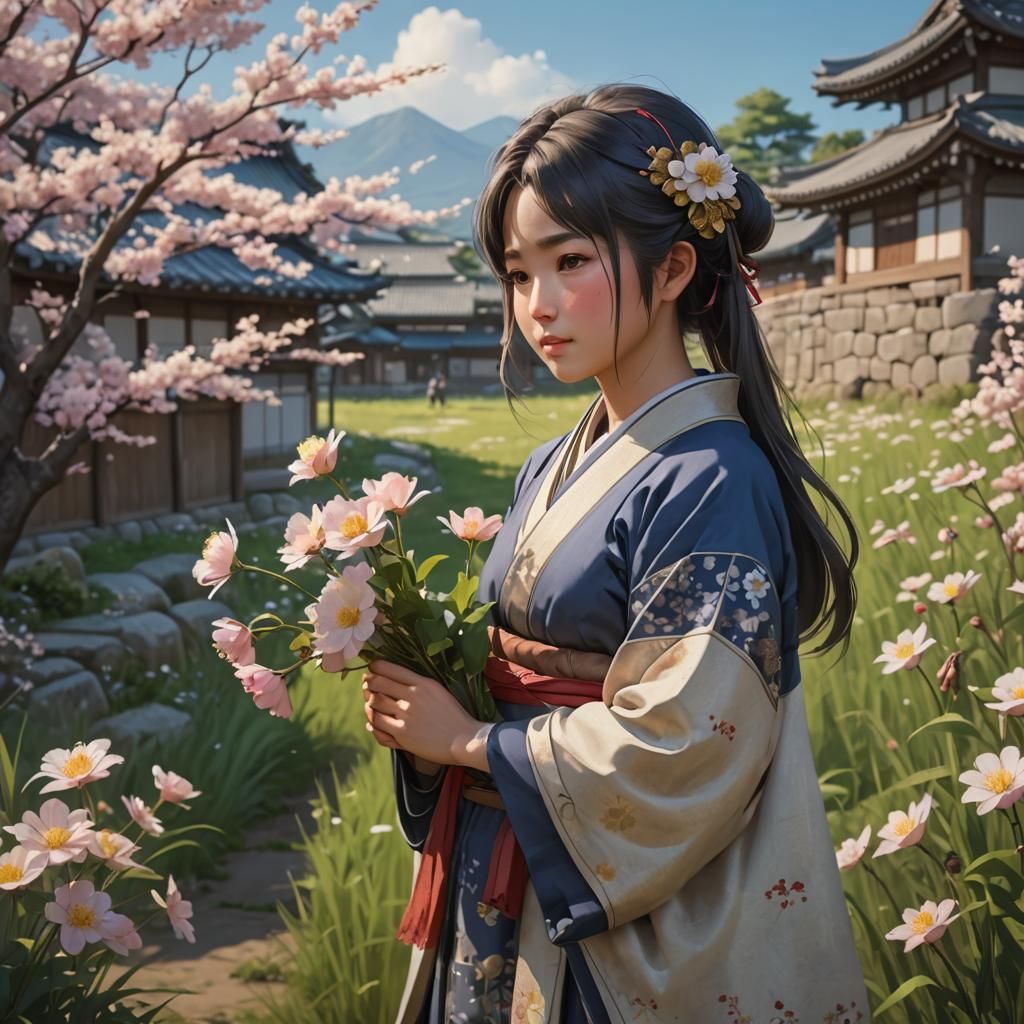 Happy Japanese Woman in Medieval Japan: 3D Anime Art