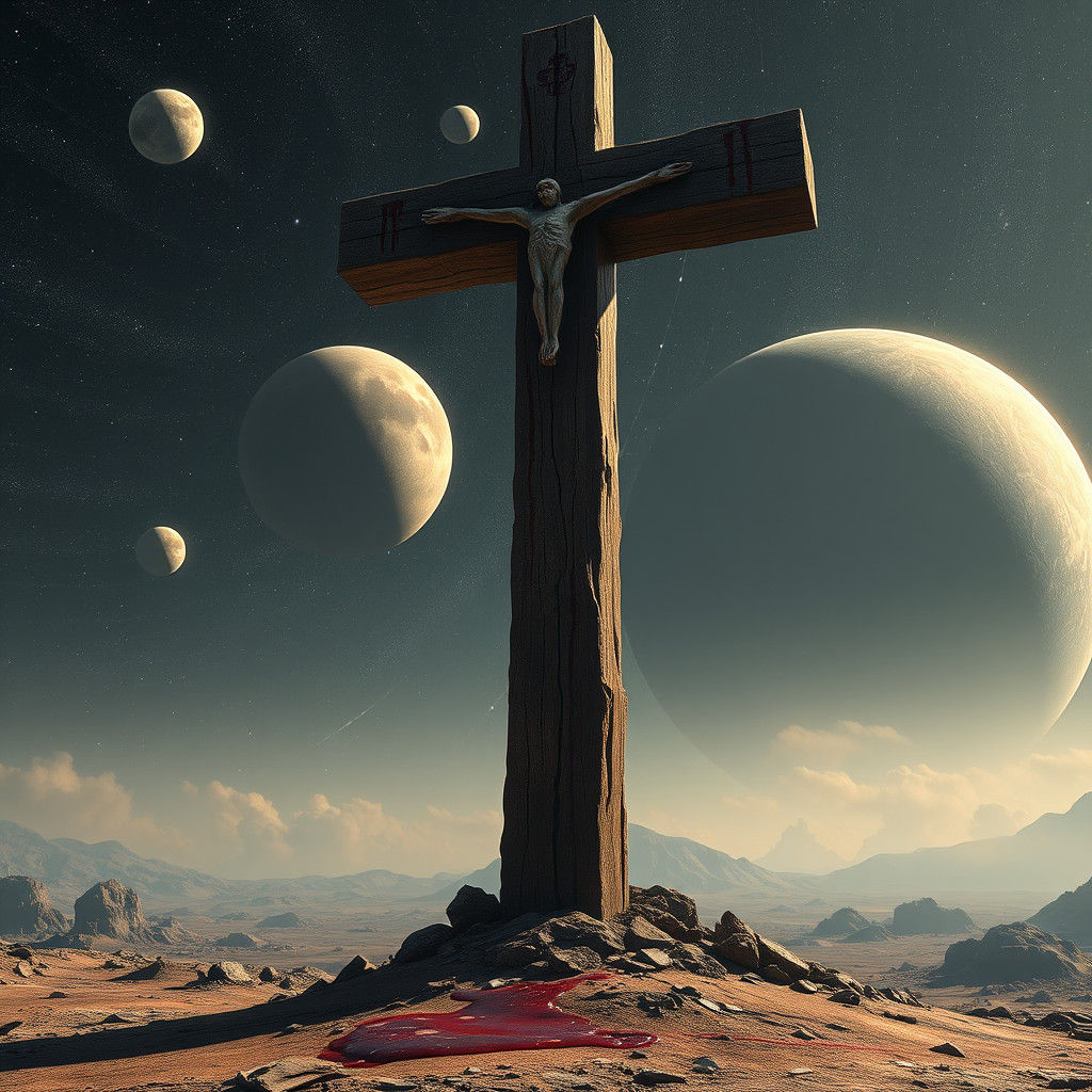 Blood-Stained Cross Under a Celestial Sky