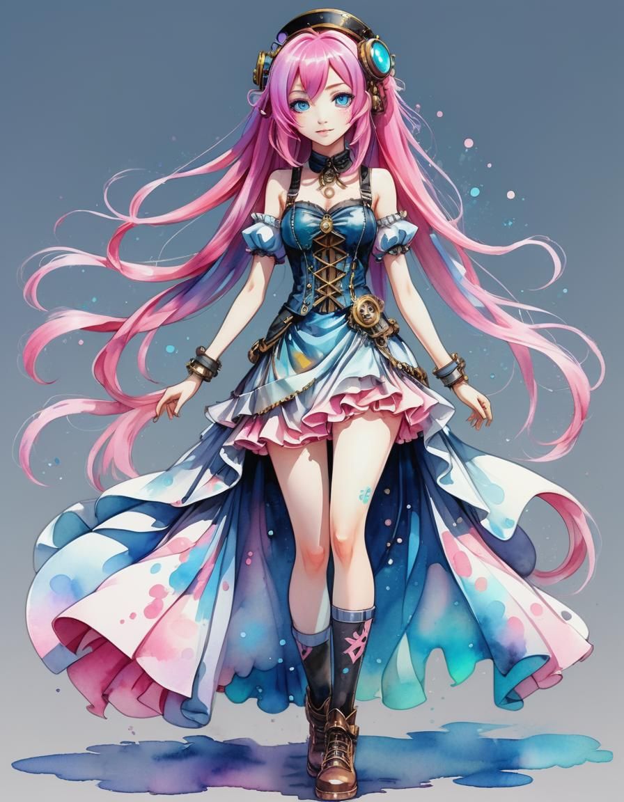 Anime Girl in Neon Steampunk Outfit