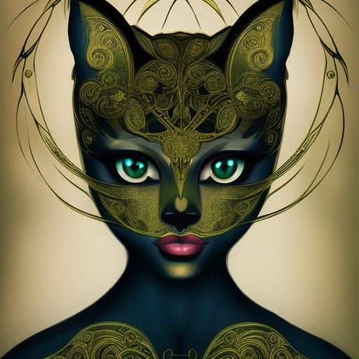 Beautiful Cat-Woman Portrait with Golden Outlines