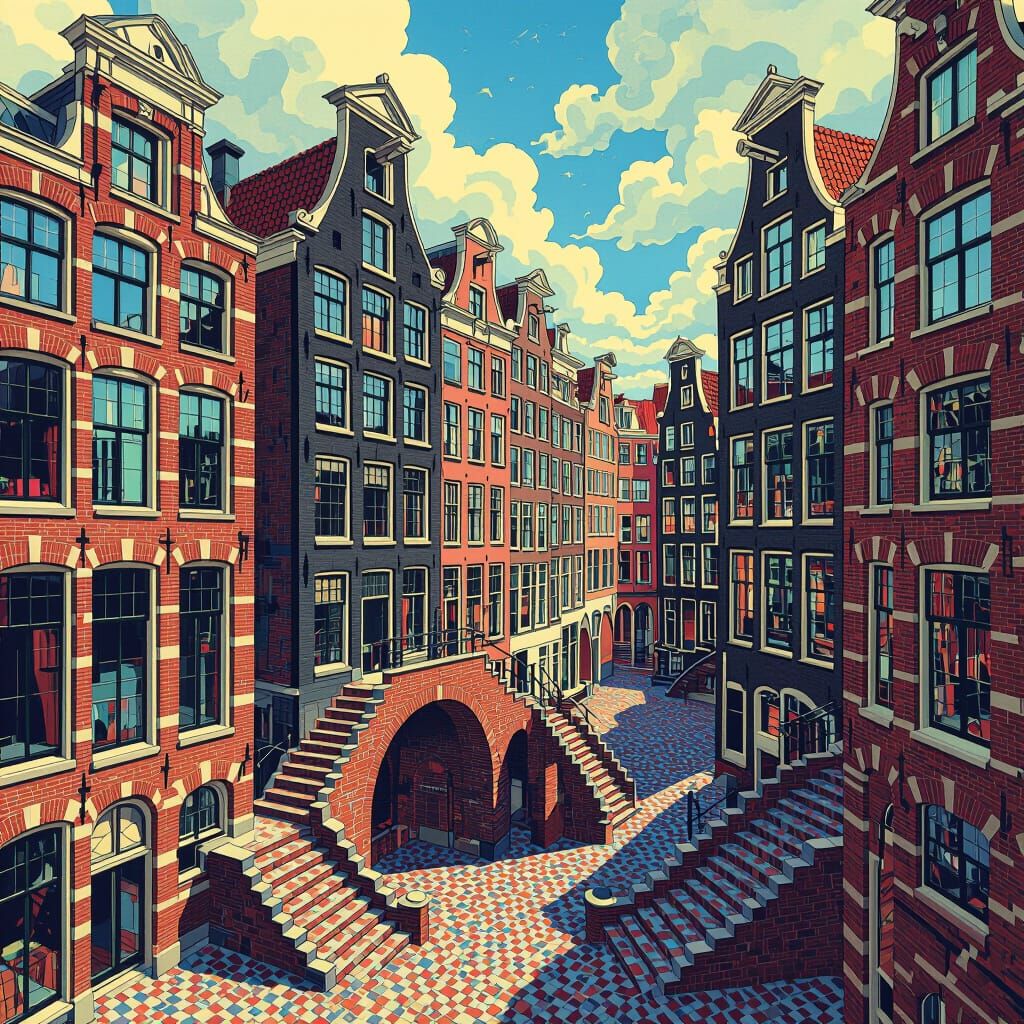 Amsterdam Cityscape in Lithographic Style