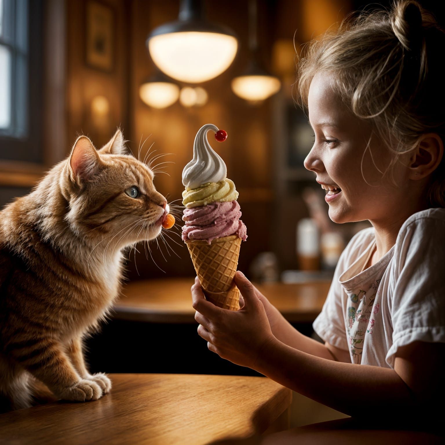 Girl Shares Ice Cream With Cat in Parlor