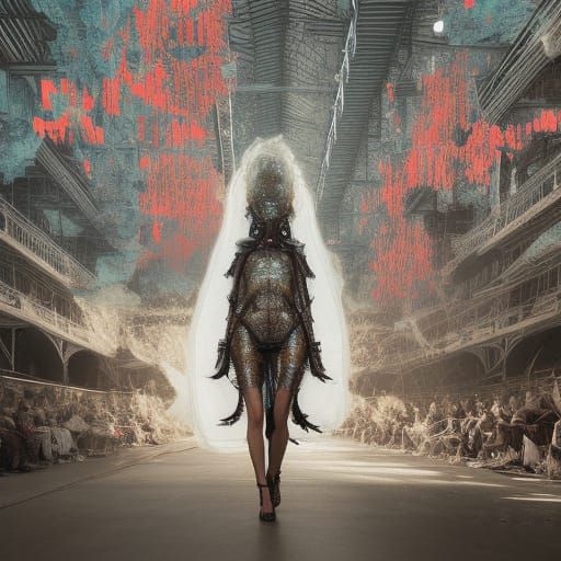 Futuristic Runway Model in Metallic Dress, Digital Art