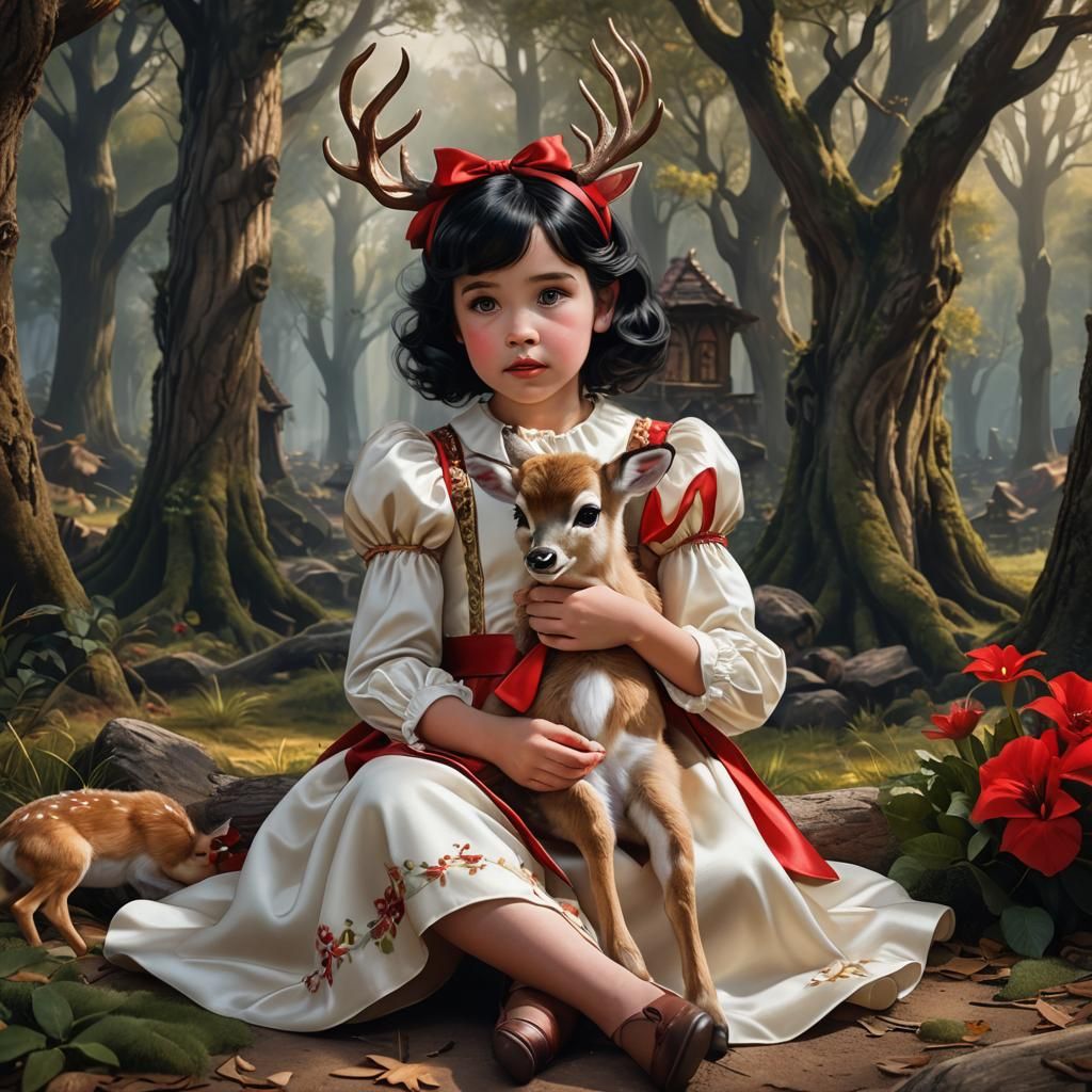 Toddler Girl with Deer in Forest Cottage