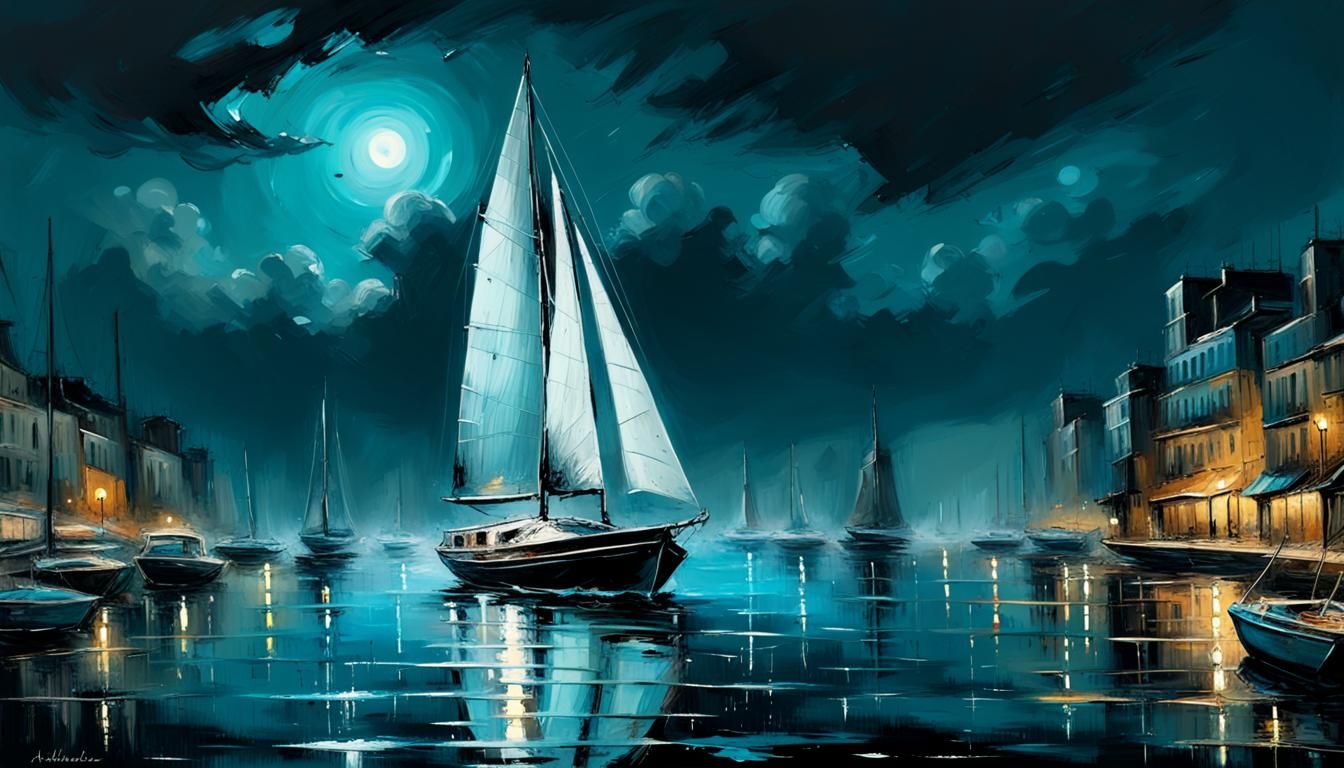 Bioluminescent Sailboats in Comic Noir Expressionism